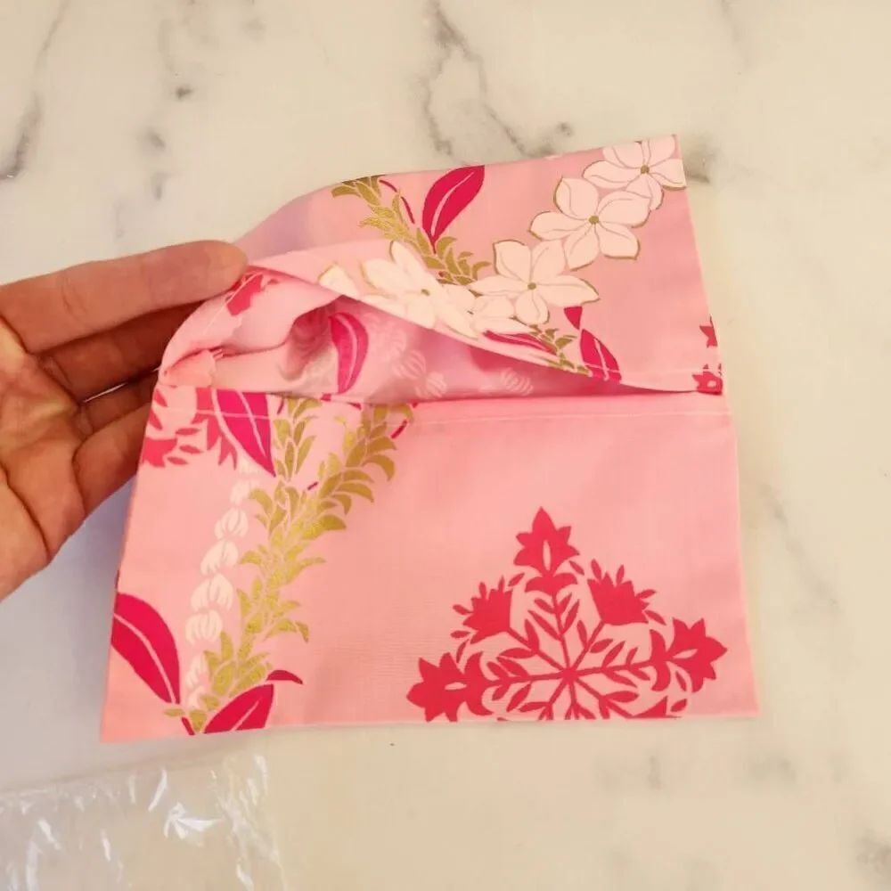 Rainbow's end Honolulu Hawaii handcrafted silky pink floral tissue napkin holder